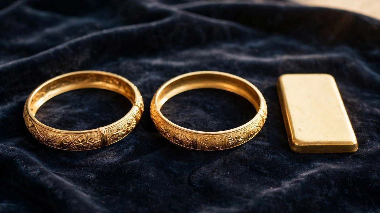 Two gold bangles and a gold bar showing 22 karat and 24 karat gold