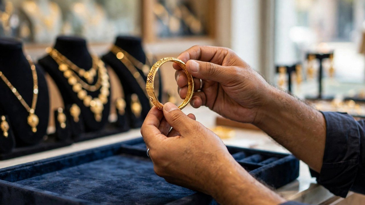 A jeweller holding a gold bangle to check whether it is real